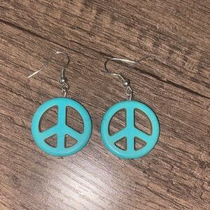 Wood Turquoise Colored Peace Sign Earrings